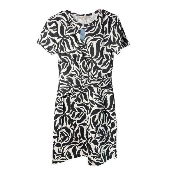NWT Loft  Petite Small Black White Women’s Floral Short Sleeve 100% Cotton Dress - Picture 1 of 4